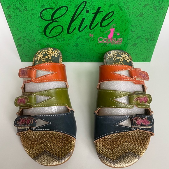 ELITE BY CORKYS Sunny Womens Navy Multi Color Velcro Leather Sandals Size 6 NEW - Picture 2 of 13